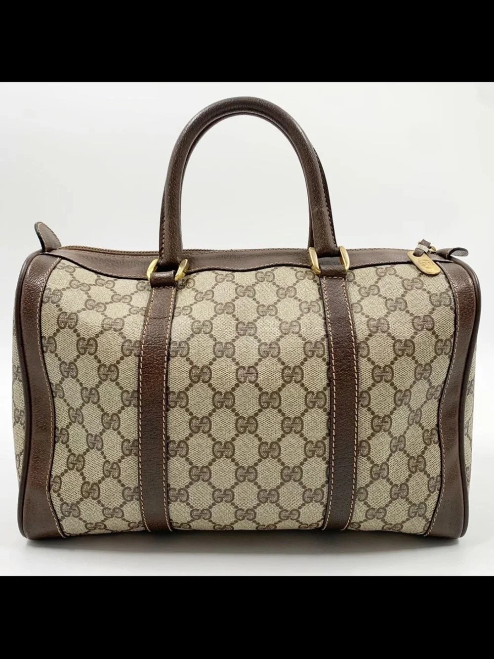 Gucci Brown & Beige GG Supreme Canvas Satchel with Leather Trim